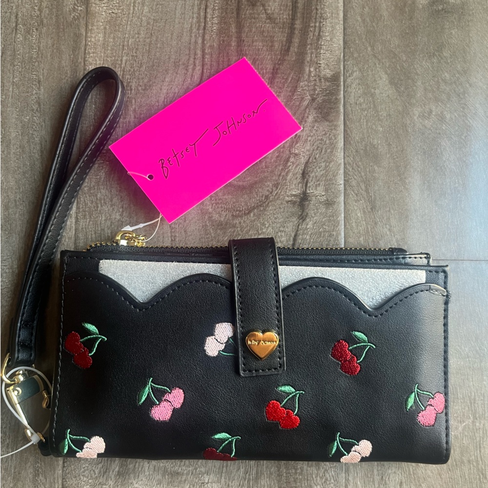 Betsey Johnson Black Cherry Embroidered Wristlet Wallet